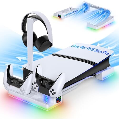 MENEEA PS5 PRO & スリムRGB水平スタンド&自動冷却ステーション、3ギアファン付き、デュアルPS5コントローラー(エッジ)充電器、PlayStation 5用、14種類のRGBライトモードと取り外し可能なヘッドセットホルダーストレージ付き